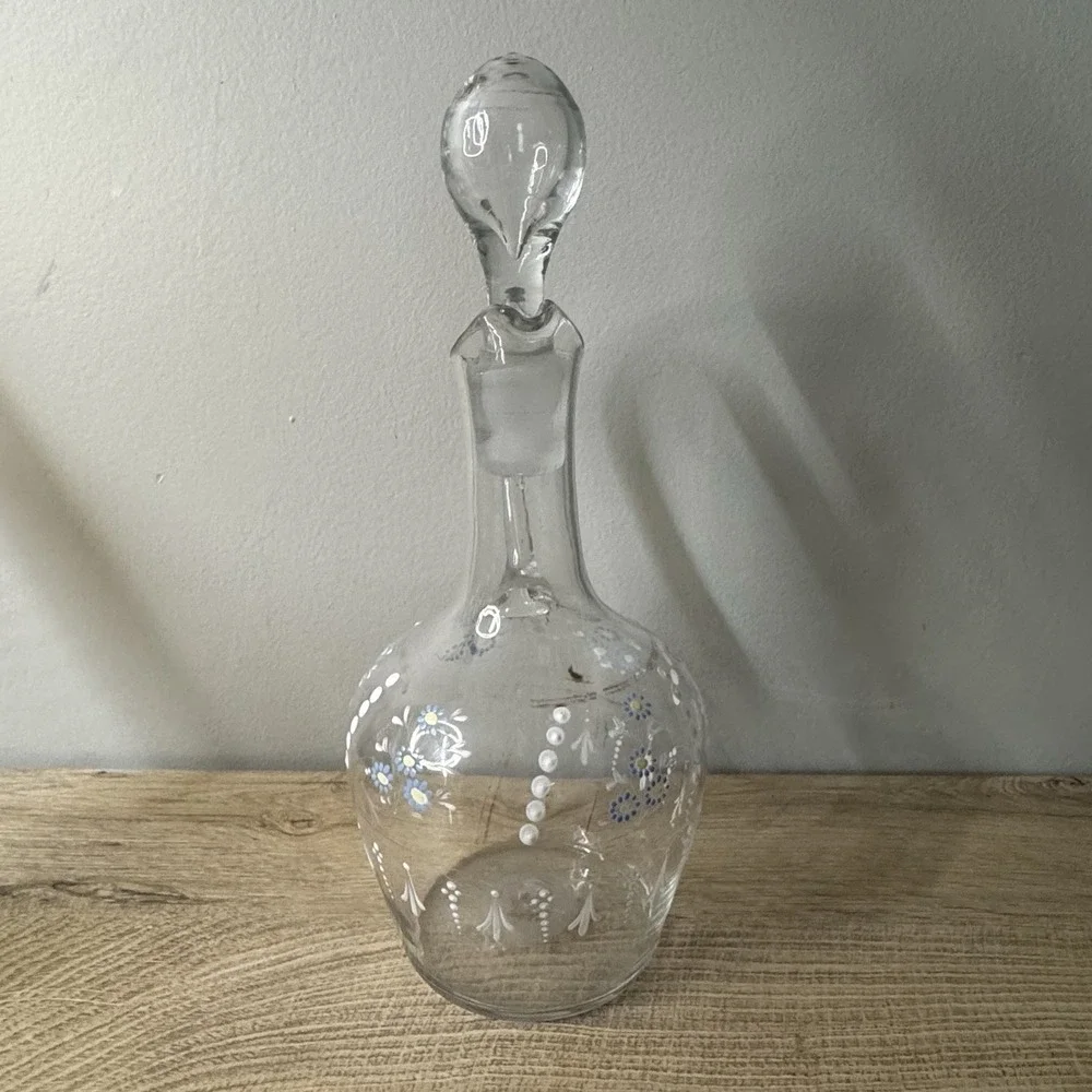 Vintage Clear Glass‎ Decanter Jug Ewer Hand Painted Floral Enamel Stopper MCM